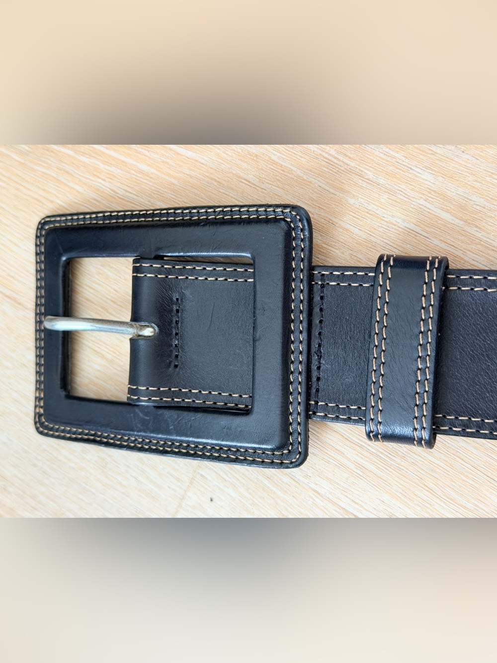 Vintage Y2K Banana Republic Italy Leather Belt Statement Large Buckle Stitch - Picture 3 of 10